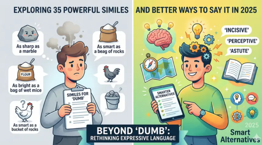 35 Powerful Similes for “Dumb” (With Meanings, Examples, and Smarter Alternatives for 2025) Words shape tone. Tone shapes perception. And perception? That’s everything. If you use similes for “dumb” carelessly, your writing feels flat. Predictable. Almost mechanical. However, when you choose the right comparison, you add texture, voice, and emotional precision. A sharp simile doesn’t just insult. It paints a scene. This guide goes deep. You’ll find: The best similes for “dumb” categorized by tone Clear meanings and real examples Modern variations for 2025 When to avoid harsh comparisons Smarter alternatives that elevate your writing Let’s start where most writers skip. What Is a Simile and Why It Matters in Strong Writing A simile compares two unlike things using like or as. Simple, right? Yet powerful when done well. Here’s the quick difference: Device Structure Example Effect Simile like / as “As dumb as a rock” Direct comparison Metaphor is / are “He is a rock” Implied comparison Similes work because they activate mental imagery. Instead of saying someone lacks intelligence, you show it through a vivid comparison. But here’s the catch. Overused similes weaken your writing. Readers have seen them a thousand times. When they see them again, they skim. You lose impact. So the real goal isn’t just listing similes for dumb. It’s choosing ones that fit tone, context, and audience. Let’s break them down. Classic Similes for “Dumb” That Still Work (If Used Sparingly) These comparisons have survived for decades. That says something. They’re instantly understood. However, because they’re common, use them strategically. As Dumb as a Rock Meaning: Extremely unintelligent. Tone: Direct, blunt. Example: He kept pressing the power button on the unplugged TV, looking as dumb as a rock. Why it works: Rocks don’t think. The image is immediate. Why it fails: It’s overused. As Dumb as a Brick Meaning: Lacking basic reasoning skills. Tone: Slightly humorous. Example: You tried to microwave aluminum foil? That’s as dumb as a brick. Bricks are inert. The comparison feels tactile. Still, it’s cliché. As Dumb as a Doorknob Meaning: Completely devoid of awareness. Tone: Old-fashioned but playful. Example: He didn’t realize the email went to the entire company. Dumb as a doorknob. This one leans humorous. It feels less harsh than “rock.” As Dumb as a Stump Meaning: Immobile mentally. Tone: Rural, traditional. Example: She stared at the math problem as dumb as a stump. The stump imagery suggests rooted ignorance. It’s rustic. It fits certain voices better than others. As Dumb as a Log Meaning: Passive and unthinking. Tone: Casual. Example: He just stood there during the argument, dumb as a log. Notice the subtle nuance. A log doesn’t move. So this simile implies inaction. When to Use Classic Similes Use them in: Casual dialogue Fiction Informal blog posts Humor pieces Avoid them in: Academic writing Professional communication Sensitive discussions Because tone matters. Creative Similes for “Dumb” That Feel Fresh Now we get interesting. These similes still communicate lack of intelligence. However, they add flavor. They feel less tired. As Dumb as a Bag of Hammers Meaning: Not just unintelligent but aggressively so. Tone: Colorful and exaggerated. Example: He invested his rent money into a fake crypto link. Dumb as a bag of hammers. The image is chaotic. Hammers clanking around. It amplifies the absurdity. As Dumb as a Sack of Rocks Meaning: Extremely lacking mental agility. Tone: Playful exaggeration. Example: You thought the “You won $1,000,000” email was real? Sack of rocks level. It feels dramatic. Slightly comedic. As Dumb as a Mannequin Meaning: Expressionless or unresponsive. Tone: Descriptive rather than insulting. Example: During the meeting, he just nodded like a mannequin. This one works beautifully in narrative writing. As Dumb as a Pumpkin Meaning: Harmless but clueless. Tone: Light and seasonal. Example: He forgot his anniversary again. Pumpkin-level dumb. This feels less aggressive. That’s important. As Dumb as Gravel Meaning: Fragmented thinking. Tone: Sharp but less common. Example: His explanation was as dumb as gravel—scattered and pointless. That layered imagery adds depth. Tone Comparison Table Simile Harshness Level Best Use Case Rock Medium Casual humor Brick Medium Sarcasm Bag of Hammers High Exaggerated storytelling Mannequin Low Descriptive fiction Gravel Medium-High Critical commentary Tone is everything. Choose accordingly. Animal-Based Similes for “Dumb” (Handle With Care) Animal comparisons can feel humorous. However, they also carry cultural baggage. As Dumb as a Goose Meaning: Foolish behavior. Tone: Light teasing. Geese are loud and chaotic. The comparison implies clumsiness more than stupidity. As Dumb as a Chicken Meaning: Nervous or irrational. Tone: Playful. However, modern research shows chickens demonstrate problem-solving skills. So this simile reflects stereotype, not science. As Dumb as a Cow Meaning: Slow-witted. Tone: Rural humor. Cows actually have good memory. Interesting contradiction. Important Insight When you use animal-based similes, you rely on cultural assumptions. Not facts. That’s fine in fiction. Less so in analytical writing. Always consider audience sensitivity. Modern Similes for “Dumb” That Fit 2025 Writing If you want your content to feel current, lean into contemporary references. As Dumb as a Phone With No Signal Meaning: Completely ineffective. Tone: Relatable. Example: Trying to upload that file offline? Phone-with-no-signal dumb. Immediate connection. Everyone gets it. As Dumb as a Broken Calculator Meaning: Unable to compute basic reasoning. This works especially well in educational contexts. As Dumb as Autocorrect at Midnight Meaning: Produces absurd results. Humor drives this one. It feels current. It lands. As Dumb as a Password on a Sticky Note Meaning: Carelessly foolish. Cybersecurity experts repeatedly warn against this behavior. The comparison isn’t random. It reflects real-world risk. As Dumb as Wi-Fi in a Basement Meaning: Completely unreliable. Modern imagery. Instant recognition. Lighthearted Alternatives to “Dumb” That Keep Humor Intact Sometimes you want wit. Not cruelty. Not the Brightest Bulb in the Box Classic but softer. It implies limited brilliance rather than absence of intelligence. A Few Fries Short of a Happy Meal Comedic and widely recognized. As Sharp as a Marble Playful contradiction. Marbles aren’t sharp. As Clueless as a Tourist Without a Map Descriptive rather than insulting. Tone Spectrum Expression Gentle Moderate Harsh Not the brightest bulb ✓ As sharp as a marble ✓ Sack of rocks ✓ Bag of hammers ✓ This clarity prevents tonal misfires. When You Should Avoid Using Similes for “Dumb” Strong writing isn’t just about creativity. It’s about judgment. Avoid these similes in: Professional emails Academic research Customer communication Conflict resolution Why? Because labeling shuts down dialogue. It doesn’t persuade. It escalates. If you’re writing thought leadership content, precision wins. Instead of saying someone made a “dumb decision,” try: “The strategy lacked supporting data.” “The assumption ignored key variables.” “The approach underestimated risk.” See the difference? Specificity builds authority. Smarter Alternatives to the Word “Dumb” Precision beats insult every time. Word Meaning Tone Uninformed Lacking knowledge Neutral Naïve Lacking experience Mild Irrational Illogical reasoning Analytical Careless Inattentive Specific Impulsive Acting without thought Behavioral Instead of attacking intelligence, describe behavior. That shift transforms your writing. Case Study: Fiction vs Professional Writing Let’s compare. Fiction Dialogue “He tried to pay the electric bill with Monopoly money. Dumb as a sack of rocks.” This works. It builds character voice. Business Blog “He ignored the compliance guidelines.” Clear. Professional. Effective. If you had written: “That move was dumb as a brick.” You lose credibility. Context decides everything. How to Use Similes for “Dumb” Without Sounding Lazy Start with intention. Ask yourself: What emotion am I conveying? Is this humorous or hostile? Does this fit the character voice? Quick Checklist Avoid stacking clichés. Use one strong comparison instead of three weak ones. Match tone to audience. Replace vague insult with vivid imagery. Before and After Example Before: He made a dumb mistake. After: He clicked “Reply All” to the entire company, clueless as a tourist without a map. Which one sticks? Exactly. FAQs About Similes for “Dumb” What does “as dumb as a rock” mean? It means someone shows extremely low intelligence or awareness. It’s blunt and informal. Are similes and metaphors the same? No. Similes use like or as. Metaphors imply identity. Can similes for dumb work in formal writing? Rarely. They’re best reserved for creative contexts. What’s the difference between “dumb” and “stupid”? “Dumb” historically meant unable to speak. Today it implies lack of intelligence. “Stupid” often carries stronger emotional judgment. Tone and intensity differ. Quick Reference Table of the Best Similes for “Dumb” Simile Tone Best For Avoid In As dumb as a rock Casual Dialogue Academic papers As dumb as a bag of hammers Harsh humor Storytelling Professional emails As dumb as a mannequin Descriptive Fiction Critiques As dumb as Wi-Fi in a basement Modern humor Blogs Formal writing Not the brightest bulb Gentle tease Light banter Serious conflict Final Thoughts: Write Sharper, Not Louder Calling someone dumb is easy. Crafting a memorable simile takes skill. Choose imagery that fits your audience. Choose tone that matches context. Choose precision over cruelty. When you do, your writing feels intentional. Not reactive. And that’s the difference between lazy language and powerful prose.